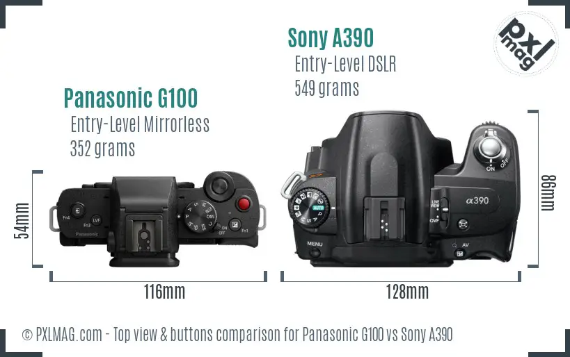 Panasonic G100 vs Sony A390 top view buttons comparison