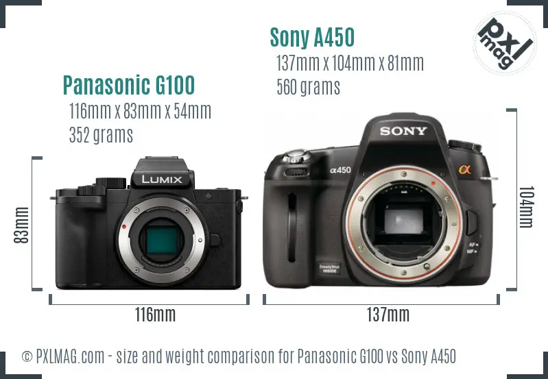Panasonic G100 vs Sony A450 size comparison