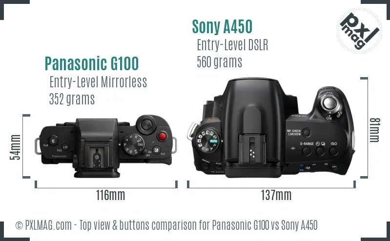 Panasonic G100 vs Sony A450 top view buttons comparison