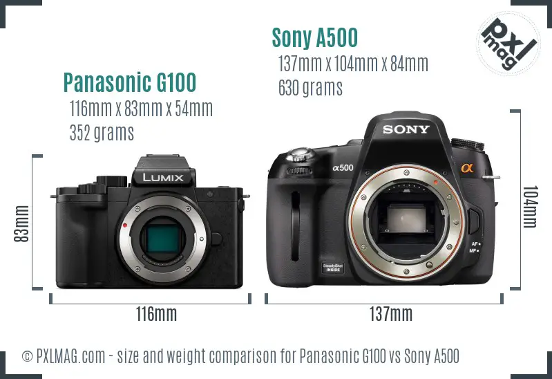Panasonic G100 vs Sony A500 size comparison