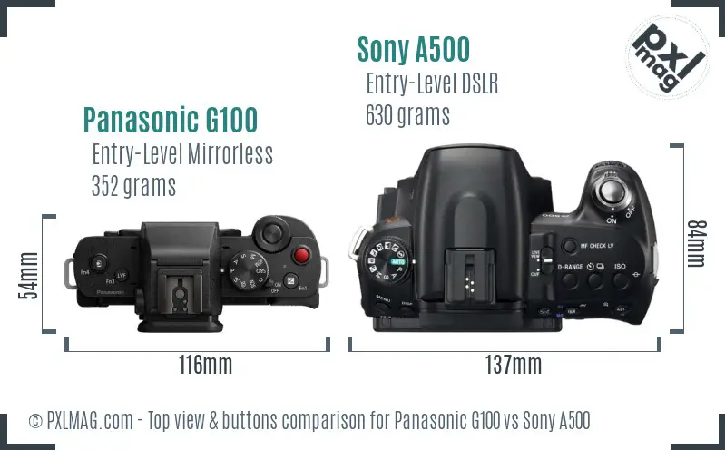 Panasonic G100 vs Sony A500 top view buttons comparison