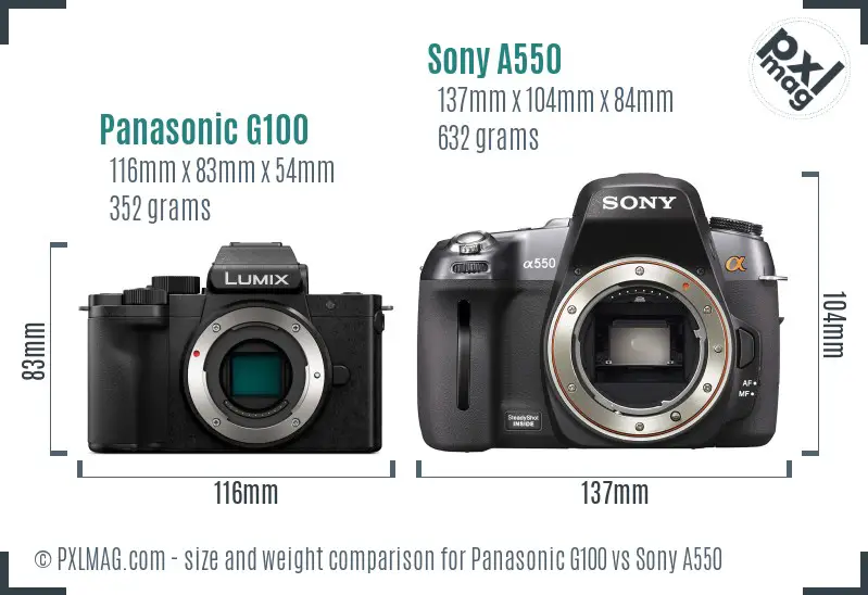 Panasonic G100 vs Sony A550 size comparison