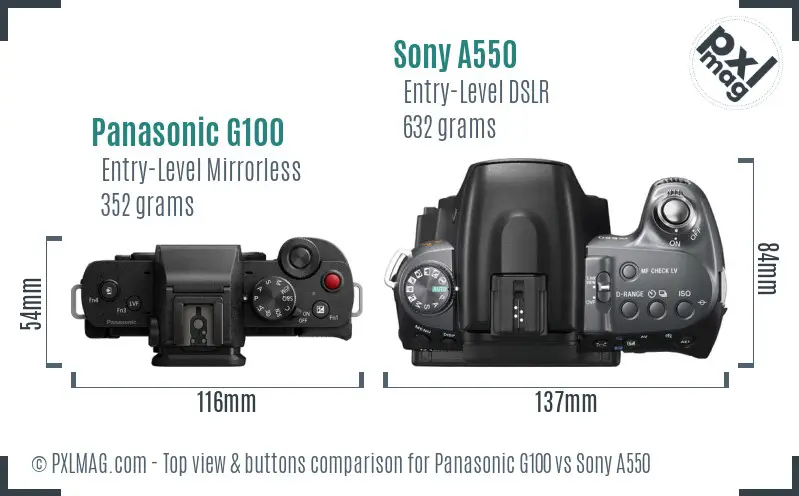 Panasonic G100 vs Sony A550 top view buttons comparison