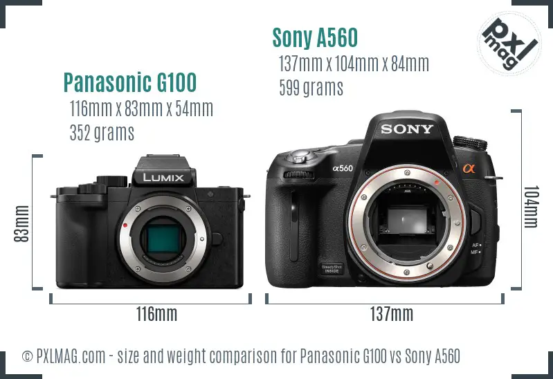 Panasonic G100 vs Sony A560 size comparison