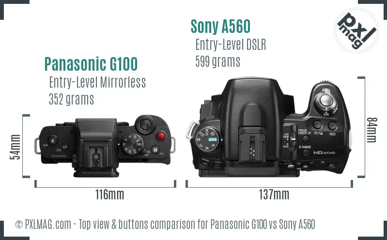 Panasonic G100 vs Sony A560 top view buttons comparison