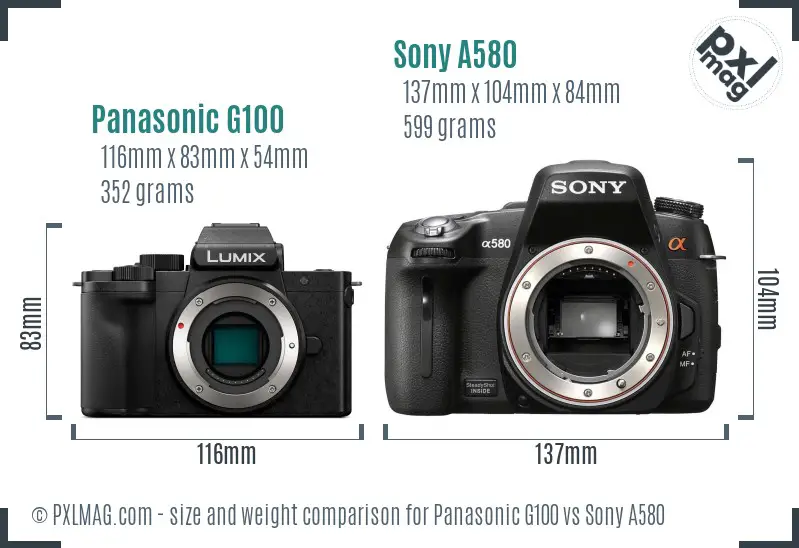 Panasonic G100 vs Sony A580 size comparison