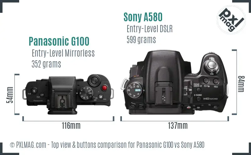 Panasonic G100 vs Sony A580 top view buttons comparison