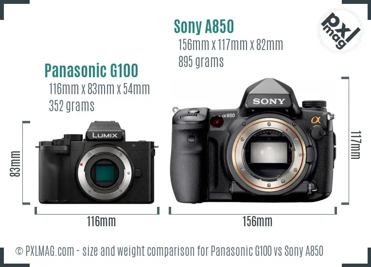 Panasonic G100 vs Sony A850 size comparison