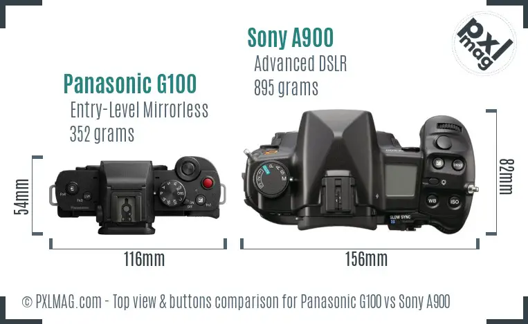 Panasonic G100 vs Sony A900 top view buttons comparison