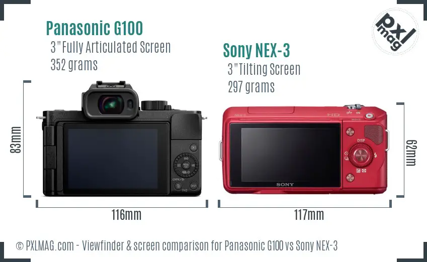 Panasonic G100 vs Sony NEX-3 Screen and Viewfinder comparison