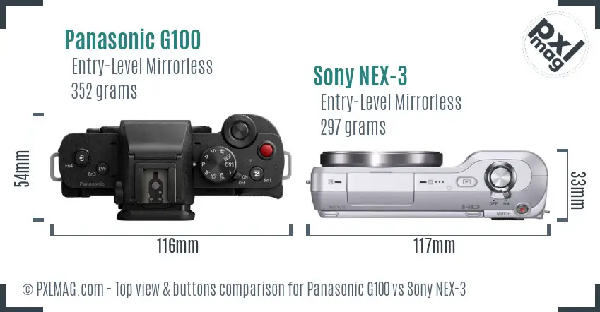 Panasonic G100 vs Sony NEX-3 top view buttons comparison