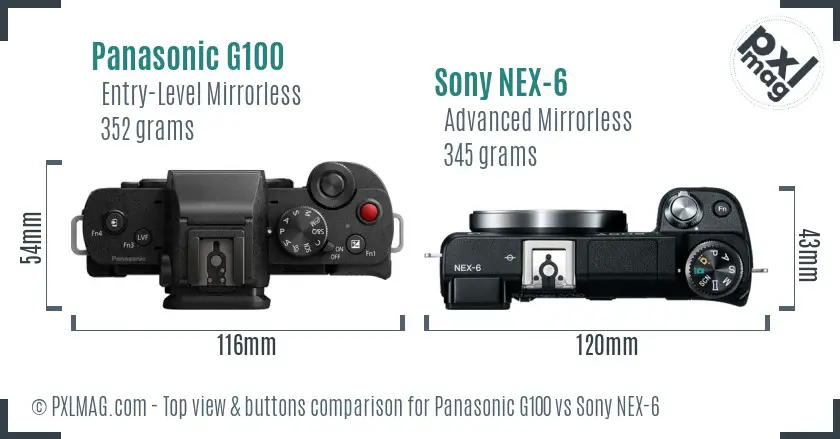 Panasonic G100 vs Sony NEX-6 top view buttons comparison