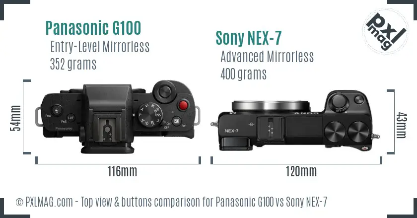 Panasonic G100 vs Sony NEX-7 top view buttons comparison