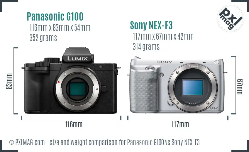 Panasonic G100 vs Sony NEX-F3 size comparison