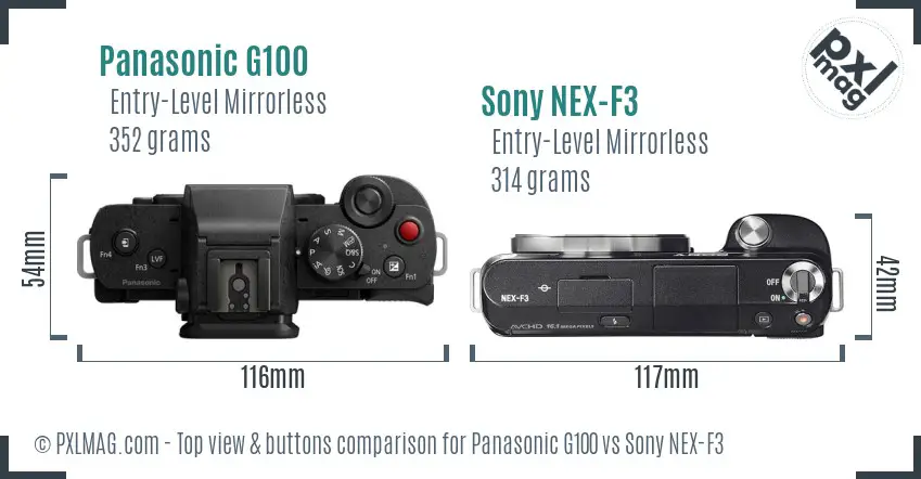 Panasonic G100 vs Sony NEX-F3 top view buttons comparison