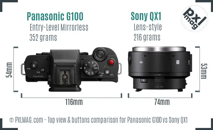Panasonic G100 vs Sony QX1 top view buttons comparison