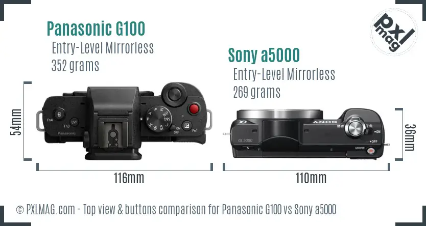 Panasonic G100 vs Sony a5000 top view buttons comparison