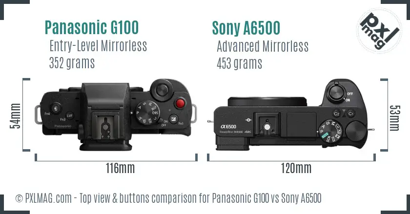 Panasonic G100 vs Sony A6500 top view buttons comparison