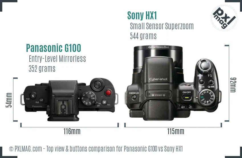 Panasonic G100 vs Sony HX1 top view buttons comparison