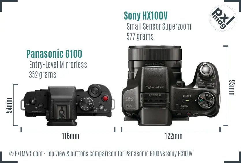 Panasonic G100 vs Sony HX100V top view buttons comparison