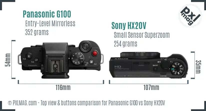 Panasonic G100 vs Sony HX20V top view buttons comparison