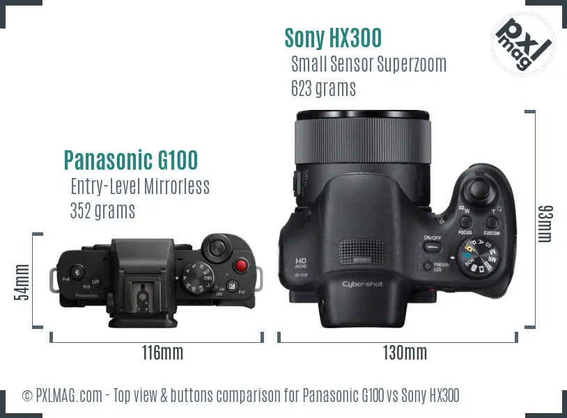 Panasonic G100 vs Sony HX300 top view buttons comparison