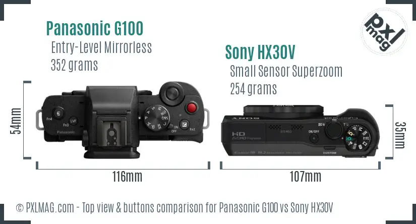 Panasonic G100 vs Sony HX30V top view buttons comparison