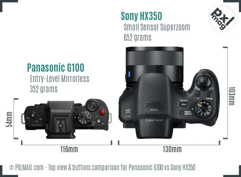 Panasonic G100 vs Sony HX350 top view buttons comparison