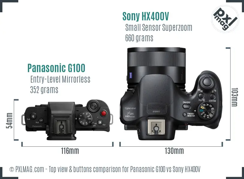 Panasonic G100 vs Sony HX400V top view buttons comparison