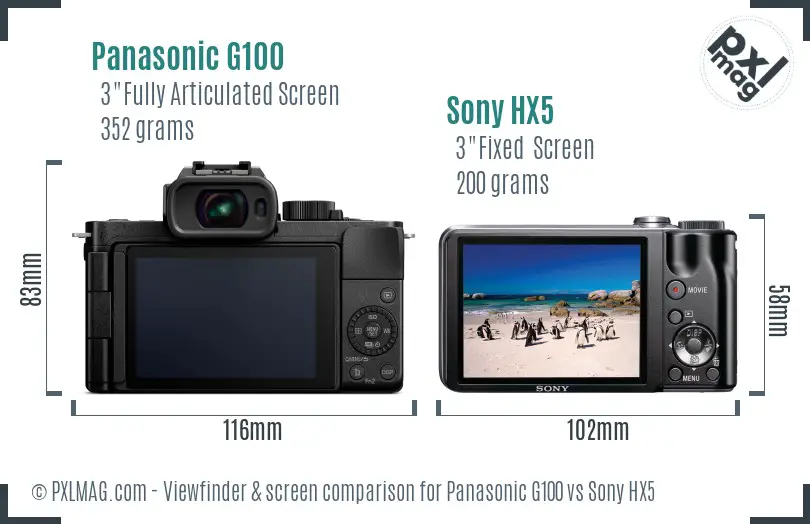 Panasonic G100 vs Sony HX5 Screen and Viewfinder comparison