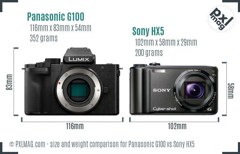 Panasonic G100 vs Sony HX5 size comparison