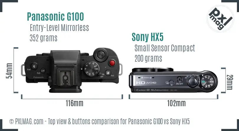 Panasonic G100 vs Sony HX5 top view buttons comparison