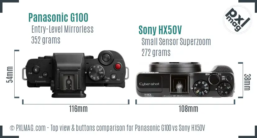 Panasonic G100 vs Sony HX50V top view buttons comparison