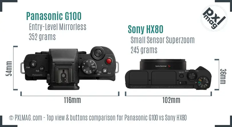 Panasonic G100 vs Sony HX80 top view buttons comparison