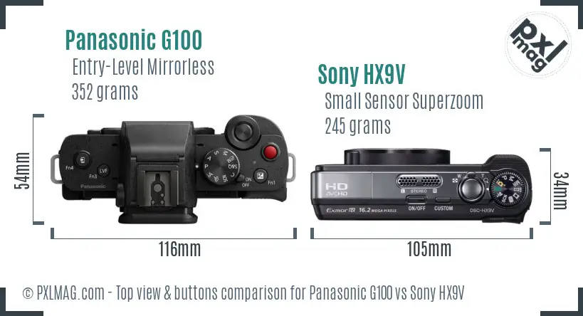 Panasonic G100 vs Sony HX9V top view buttons comparison