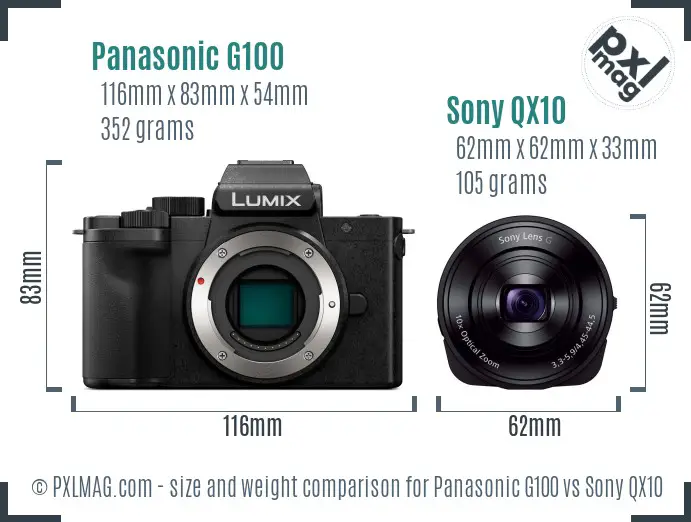 Panasonic G100 vs Sony QX10 size comparison