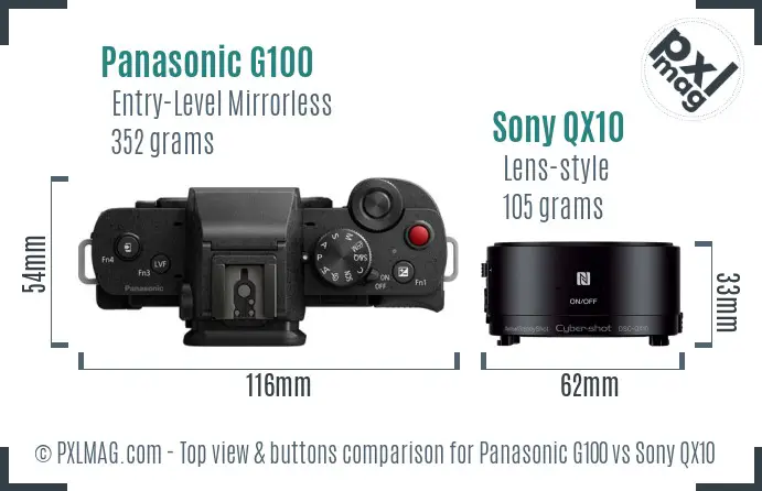 Panasonic G100 vs Sony QX10 top view buttons comparison
