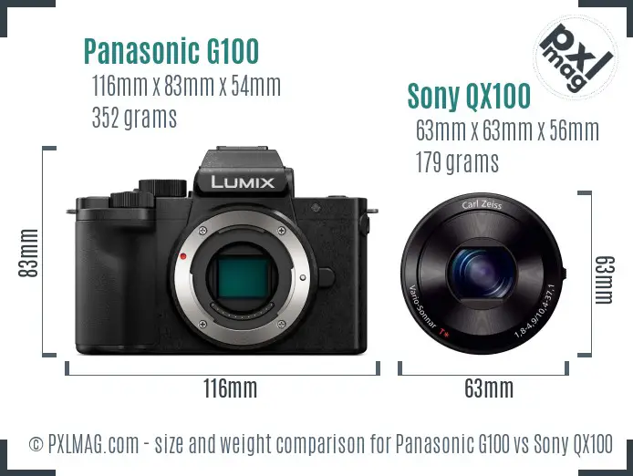 Panasonic G100 vs Sony QX100 size comparison