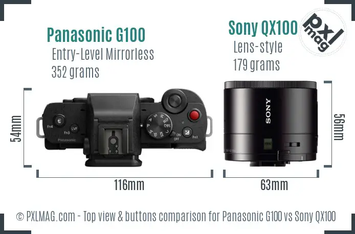 Panasonic G100 vs Sony QX100 top view buttons comparison