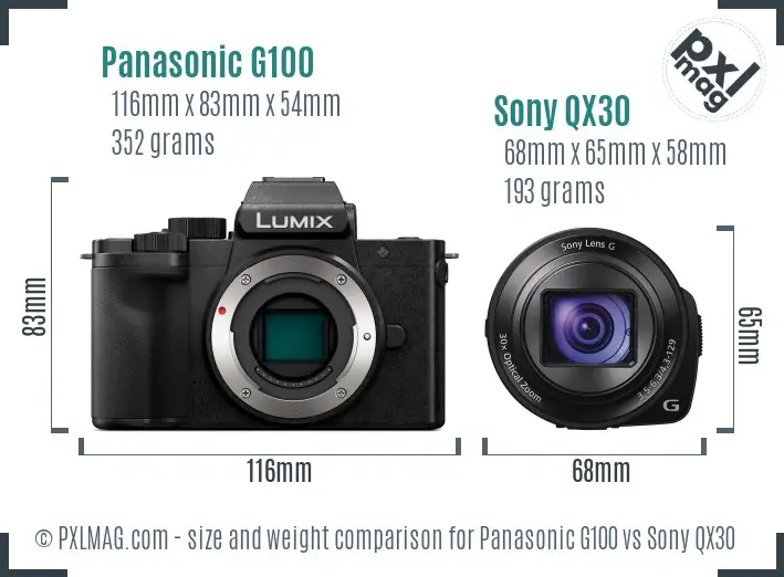Panasonic G100 vs Sony QX30 size comparison