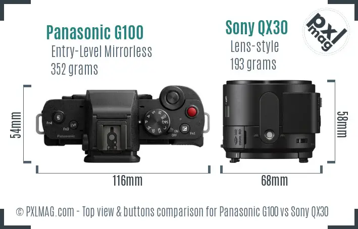 Panasonic G100 vs Sony QX30 top view buttons comparison