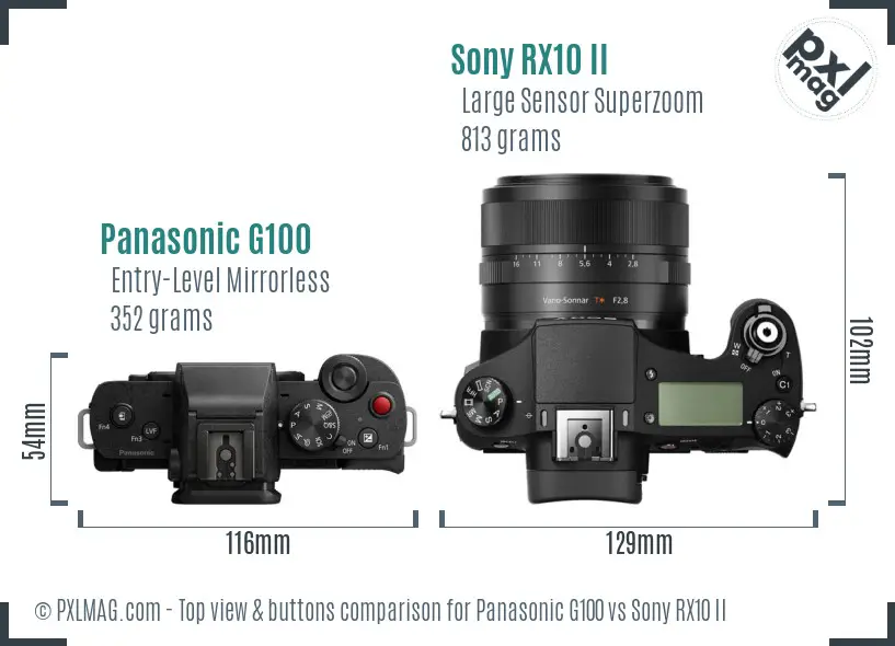 Panasonic G100 vs Sony RX10 II top view buttons comparison