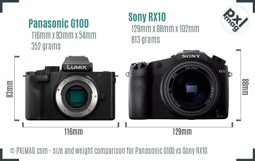 Panasonic G100 vs Sony RX10 size comparison