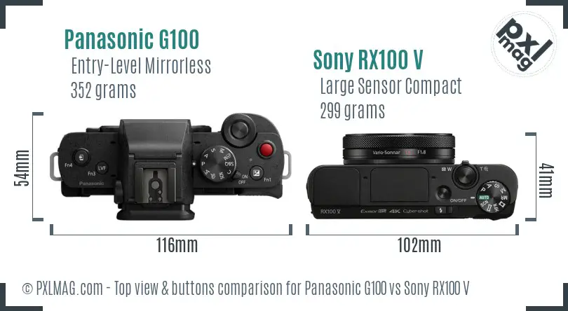 Panasonic G100 vs Sony RX100 V top view buttons comparison
