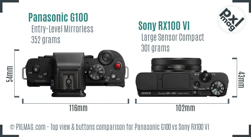 Panasonic G100 vs Sony RX100 VI top view buttons comparison