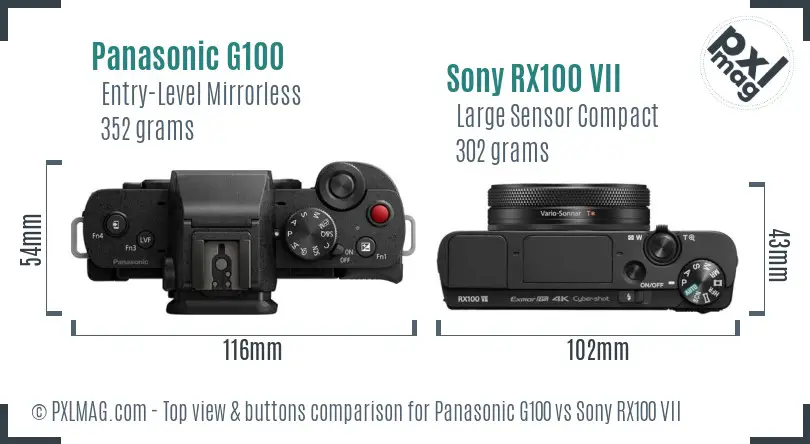 Panasonic G100 vs Sony RX100 VII top view buttons comparison