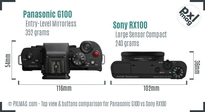 Panasonic G100 vs Sony RX100 top view buttons comparison