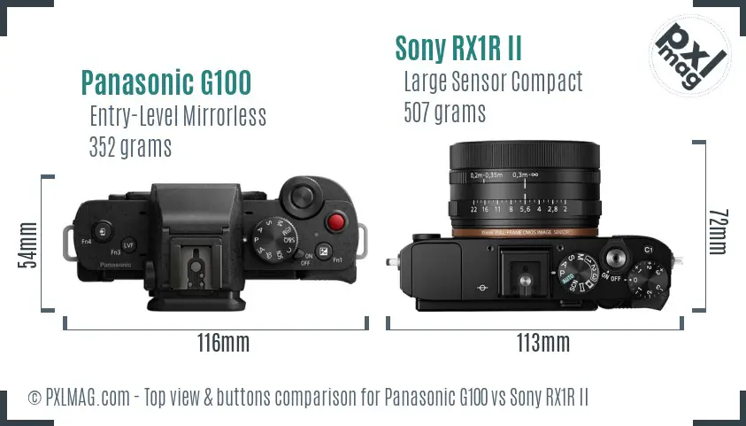 Panasonic G100 vs Sony RX1R II top view buttons comparison