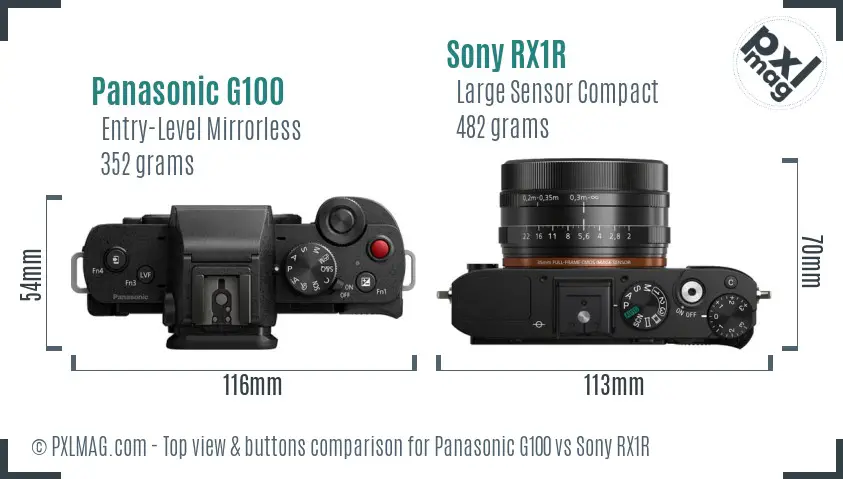 Panasonic G100 vs Sony RX1R top view buttons comparison Panasonic G100 vs Sony RX1R top view buttons comparison