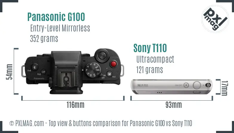 Panasonic G100 vs Sony T110 top view buttons comparison